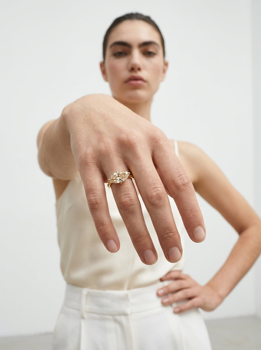 East-West Champagne Marquise engagement ring by MARLII LAB — marquise centre diamond, 18K Yellow Gold, second view