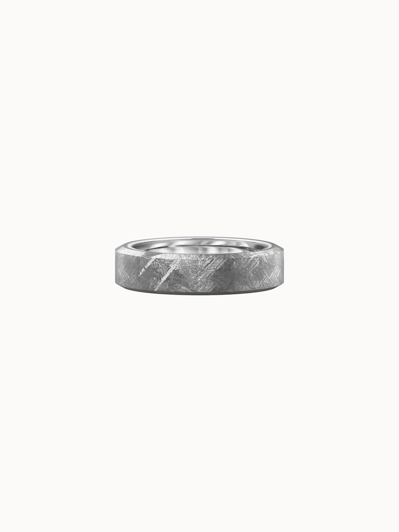 Meteorite Band wedding ring, Gibeon meteorite inlaid in 18K white gold