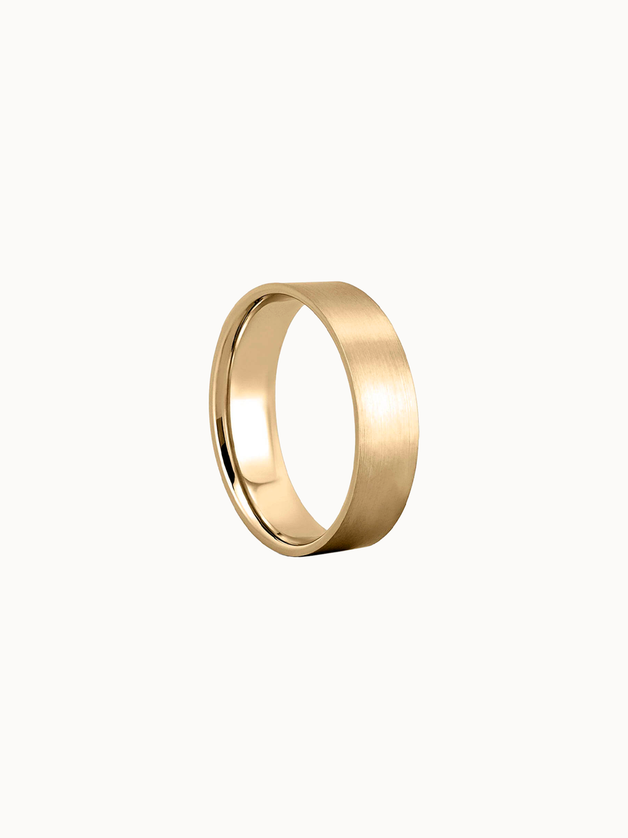 Flat Brushed Band wedding ring in 18K yellow gold, shown in profile