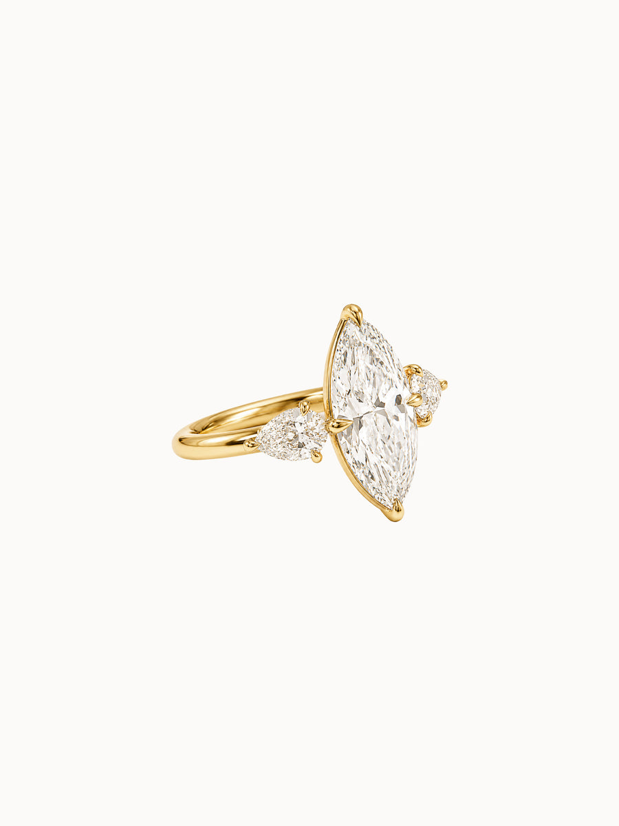 Marquise & Pear Trilogy engagement ring by MARLII LAB — marquise centre diamond, three-stone setting, 18K Yellow Gold, third view