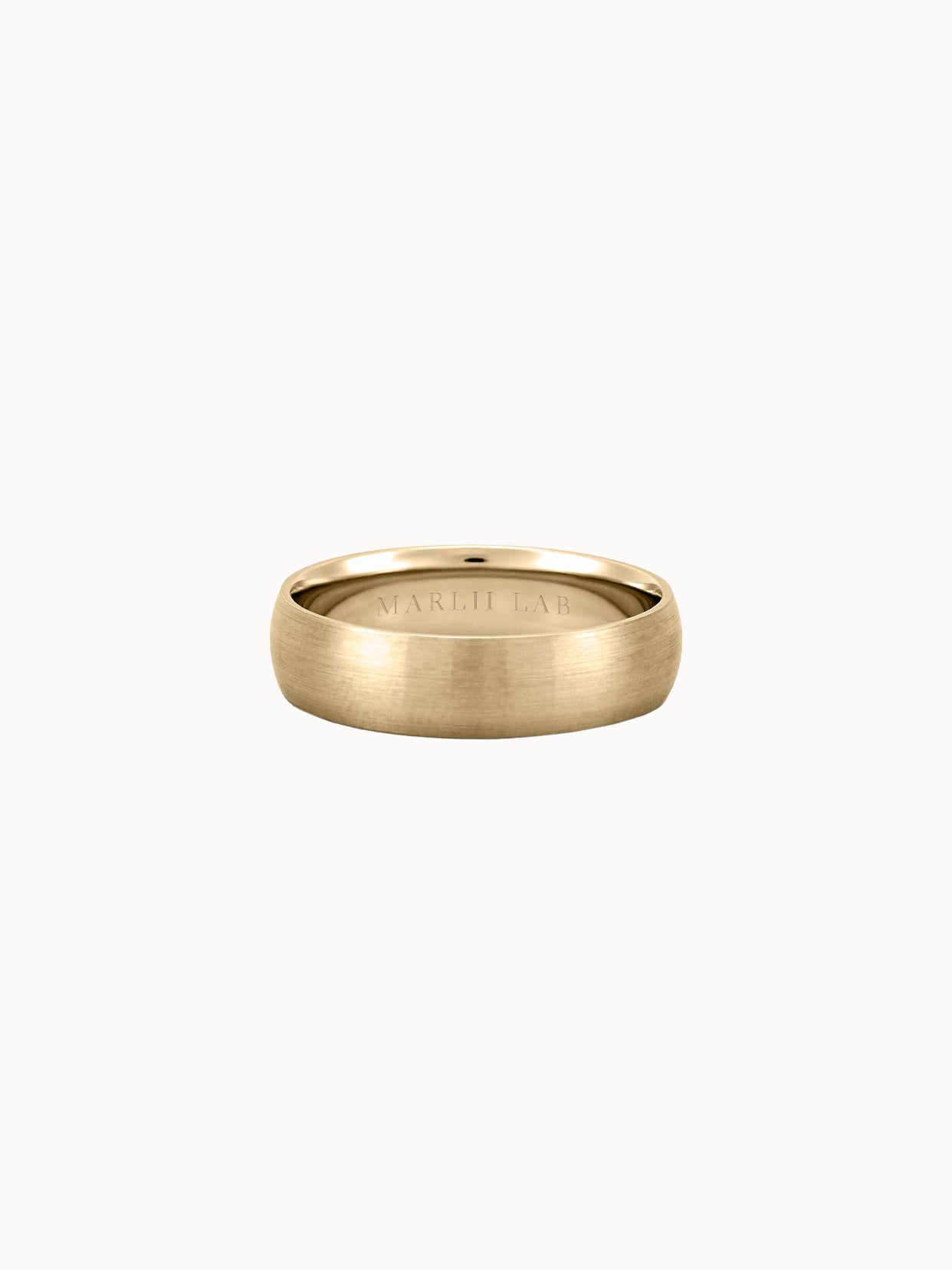 Soft Brushed Band wedding ring in 18K yellow gold, softly domed with a brushed finish