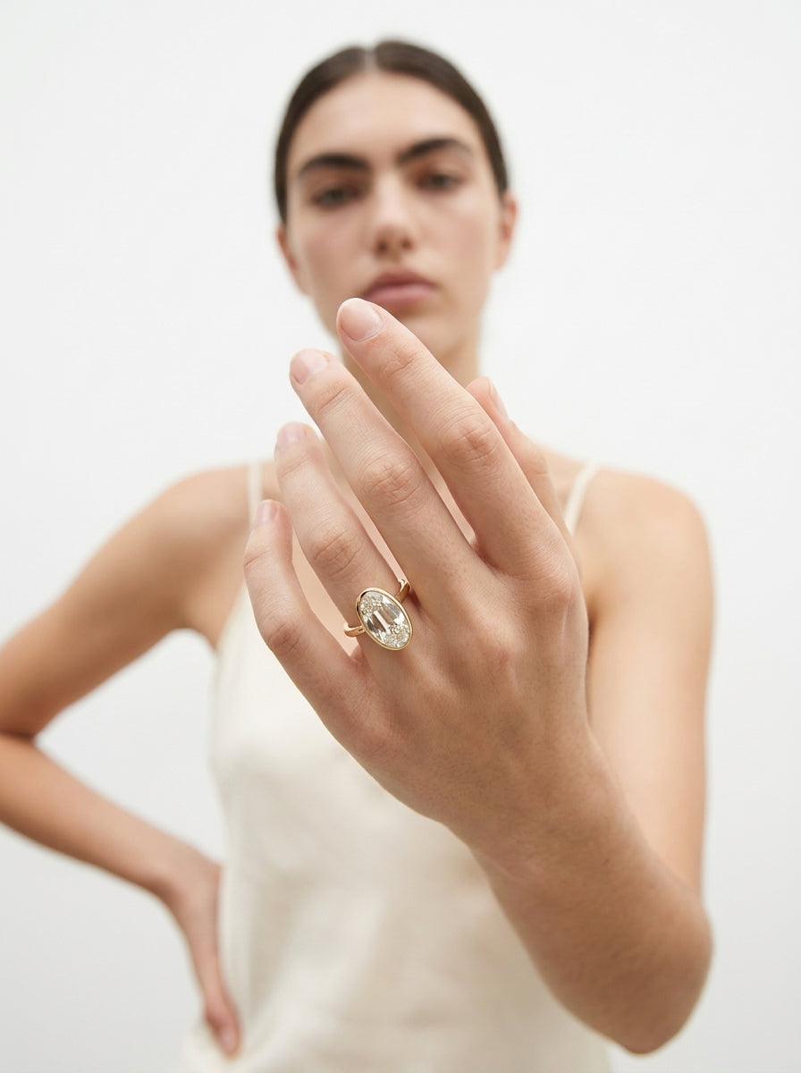 Bezel Old Mine Moval engagement ring by MARLII LAB — moval centre diamond, bezel setting, 18K Yellow Gold, second view