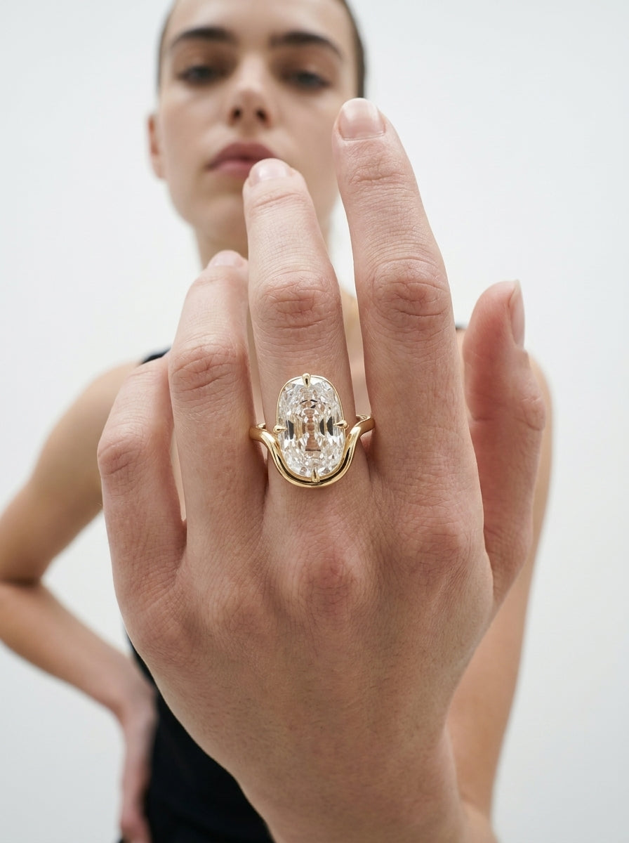 Sculptural Old Mine Cushion engagement ring by MARLII LAB — old mine cushion centre diamond, sculptural setting, 18K Yellow Gold, second view