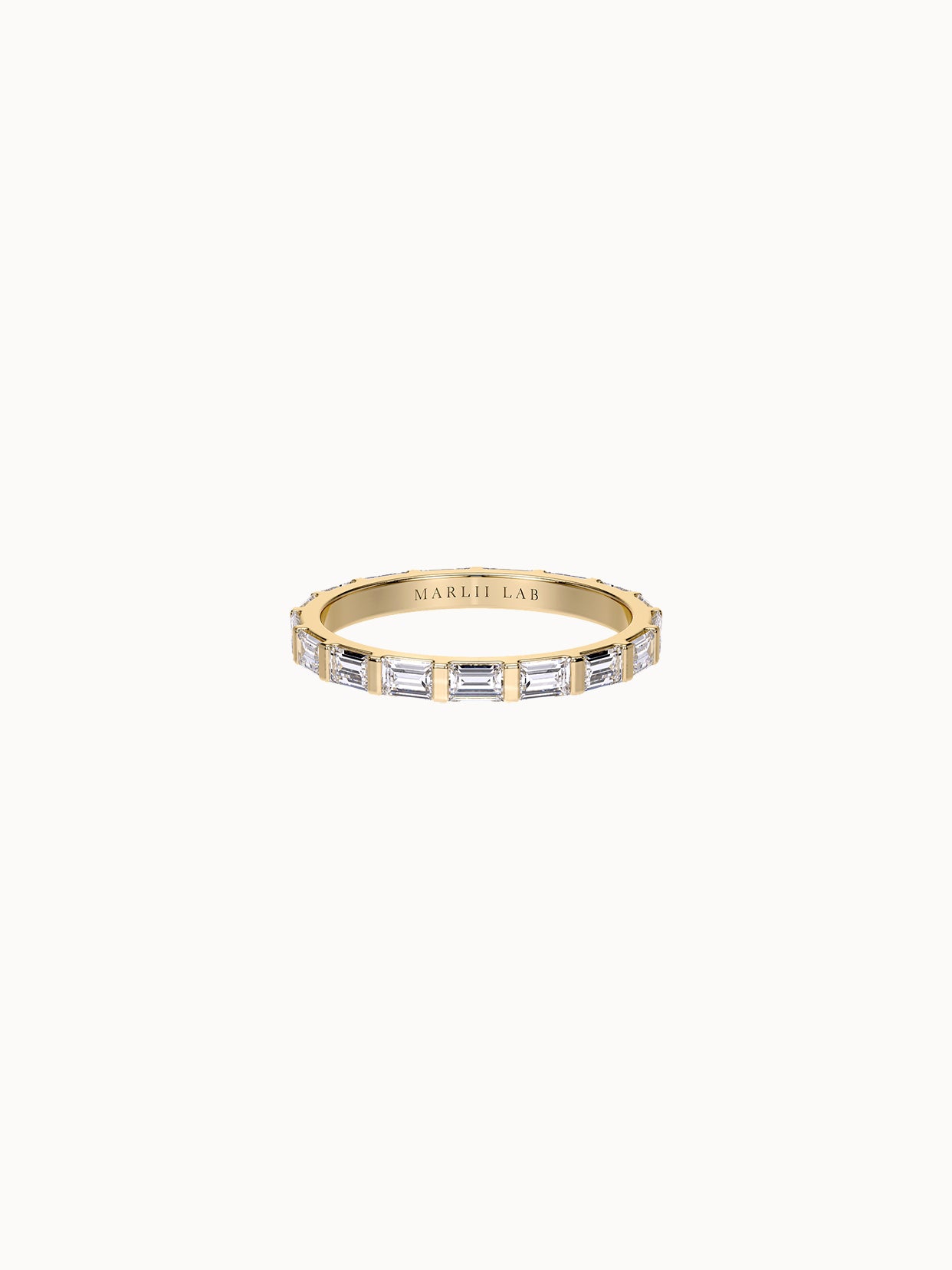 Baguette Band wedding ring in 18K yellow gold, baguette diamonds set in a row, face up