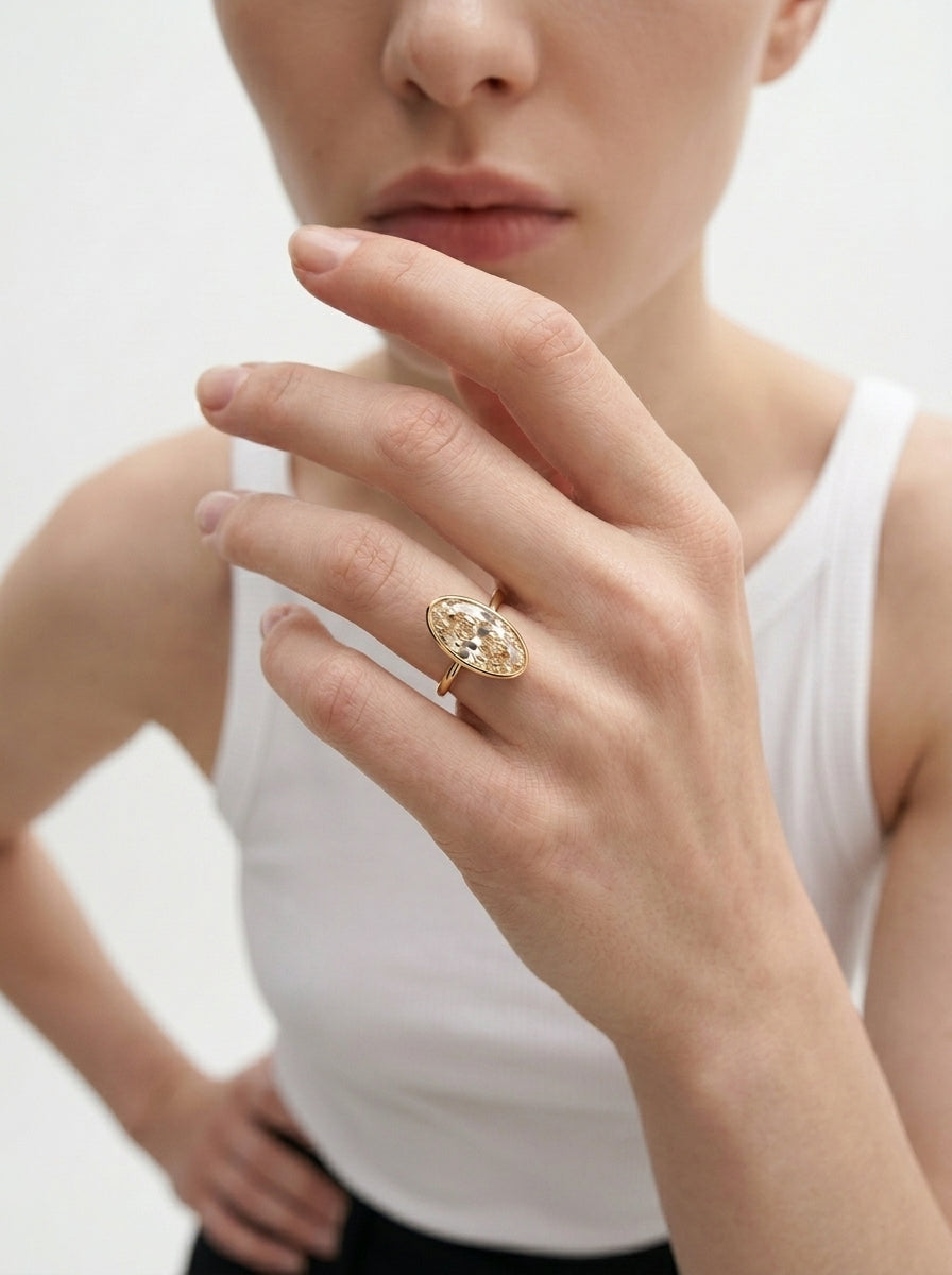 Bezel Champagne Moval engagement ring by MARLII LAB — moval centre diamond, bezel setting, 18K Yellow Gold, second view