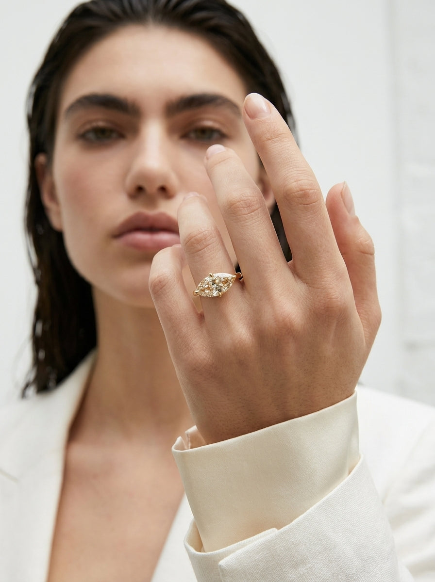 East-West Champagne Marquise engagement ring by MARLII LAB — marquise centre diamond, 18K Yellow Gold, fourth view