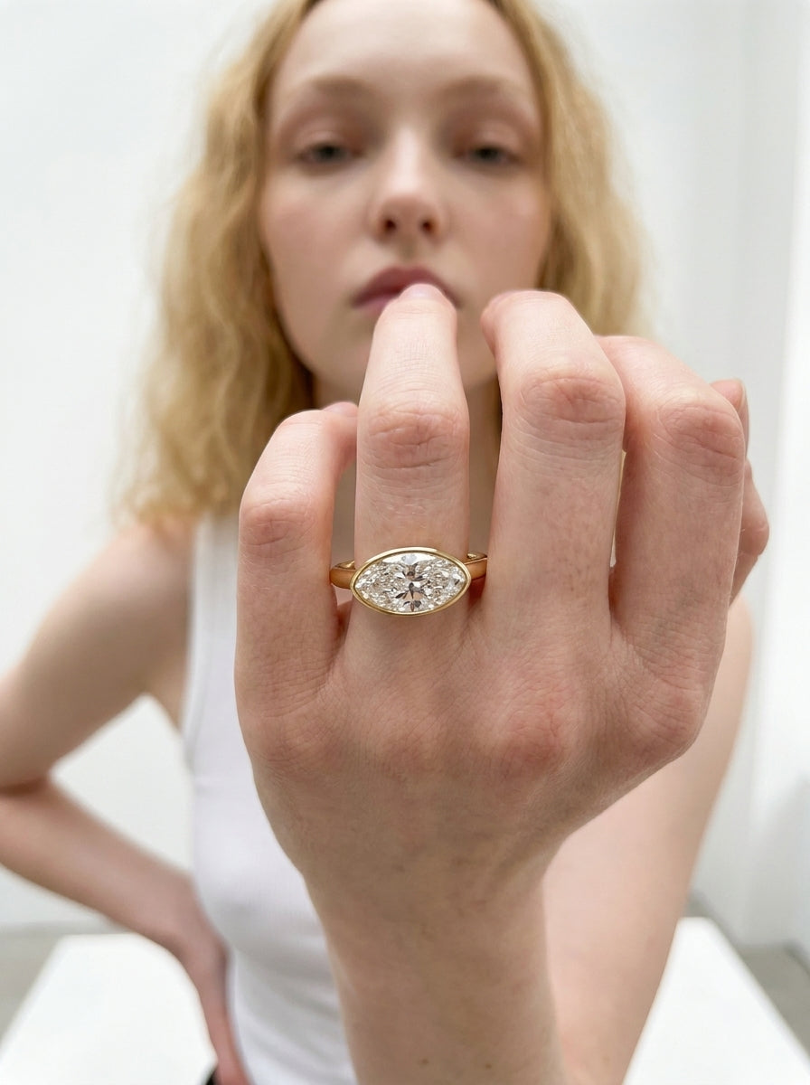 East-West Bezel Oval engagement ring by MARLII LAB — oval centre diamond, bezel setting, 18K Yellow Gold, second view