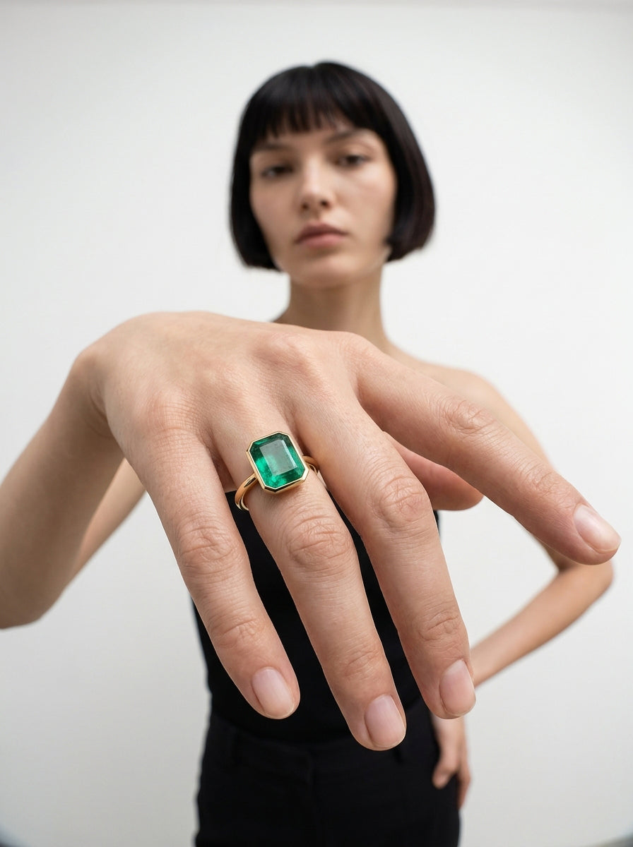 Cutaway Bezel Emerald engagement ring by MARLII LAB — emerald cut centre diamond, bezel setting, 18K Yellow Gold, second view
