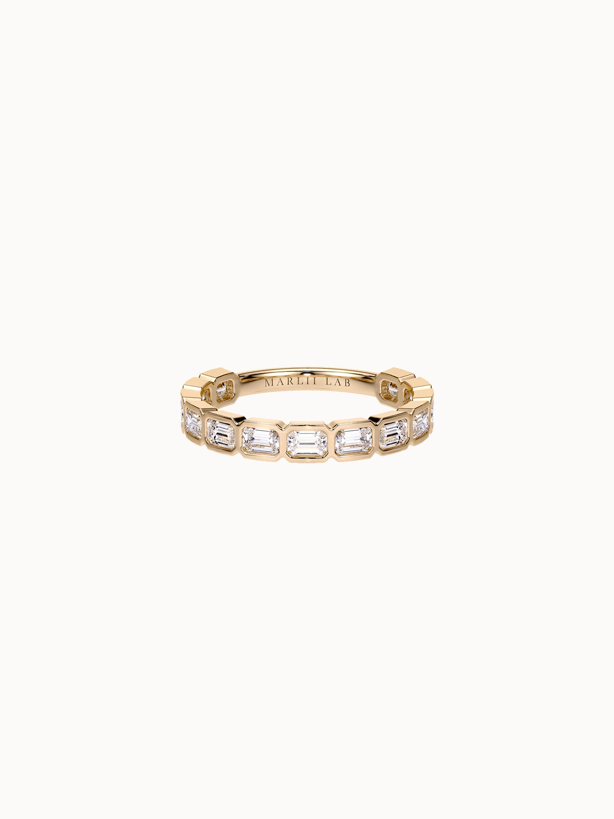 East-West Bezel Emerald Band Petite in 18K yellow gold, emerald cut diamonds bezel set east-west