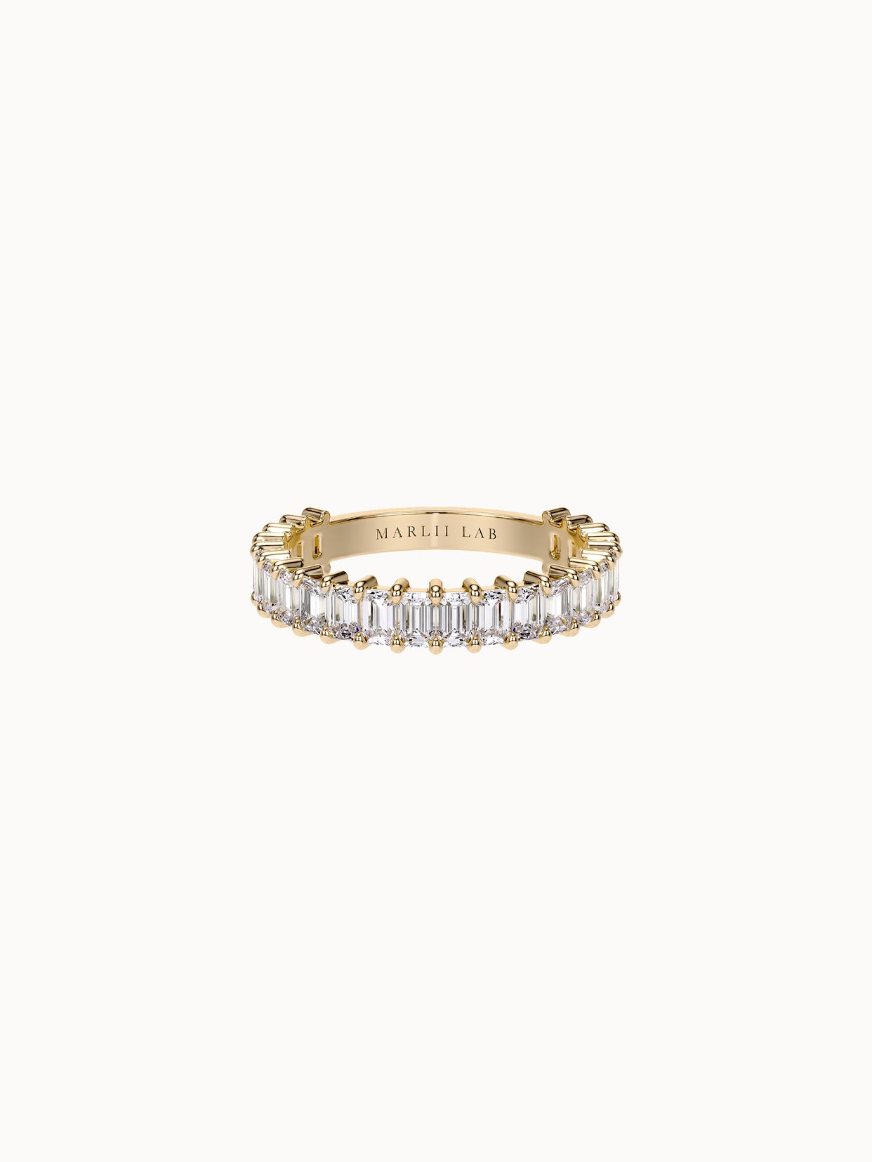 Claw-Set Emerald Band Petite in 18K yellow gold, twenty-two emerald cut diamonds claw set in a row