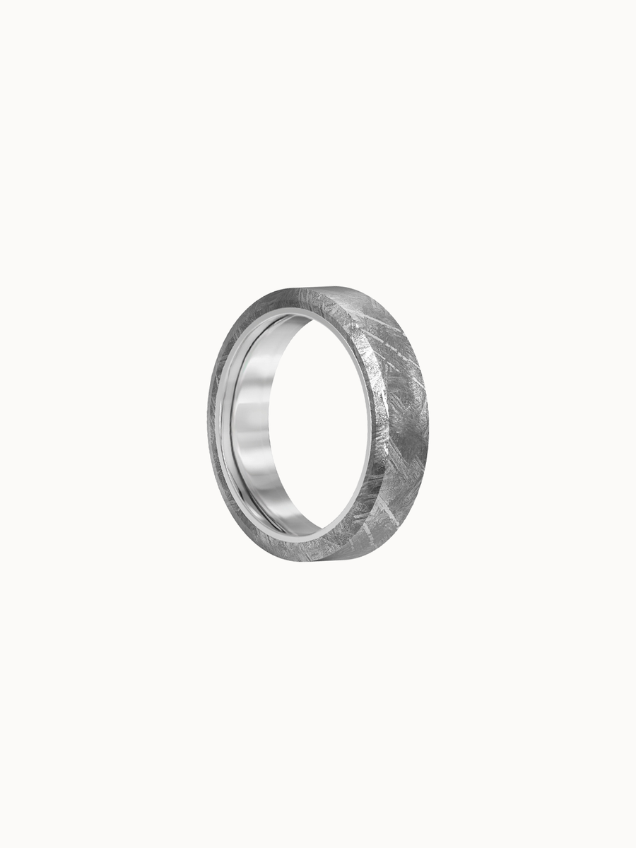 Meteorite Band wedding ring, showing the meteorite pattern across the band