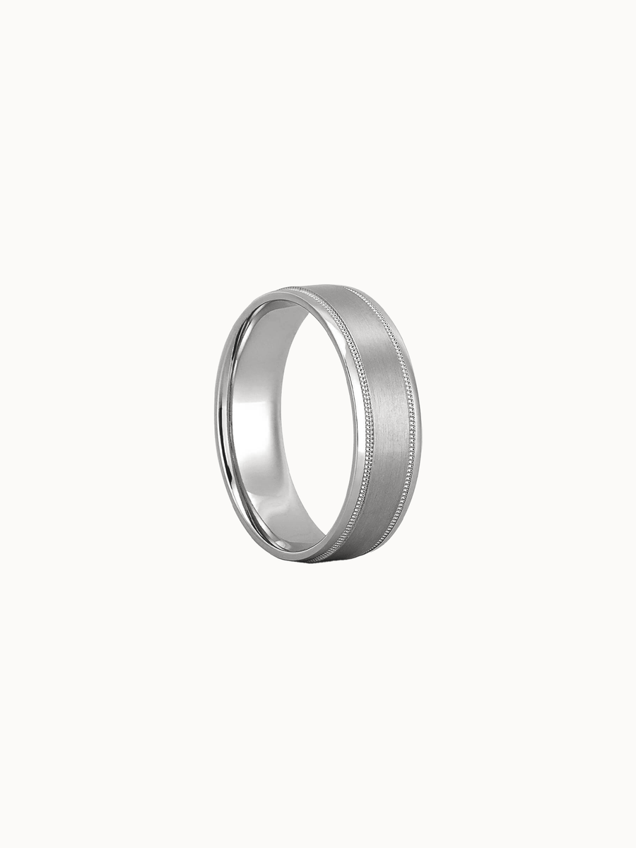 Milgrain Band wedding ring in 18K white gold, shown in profile
