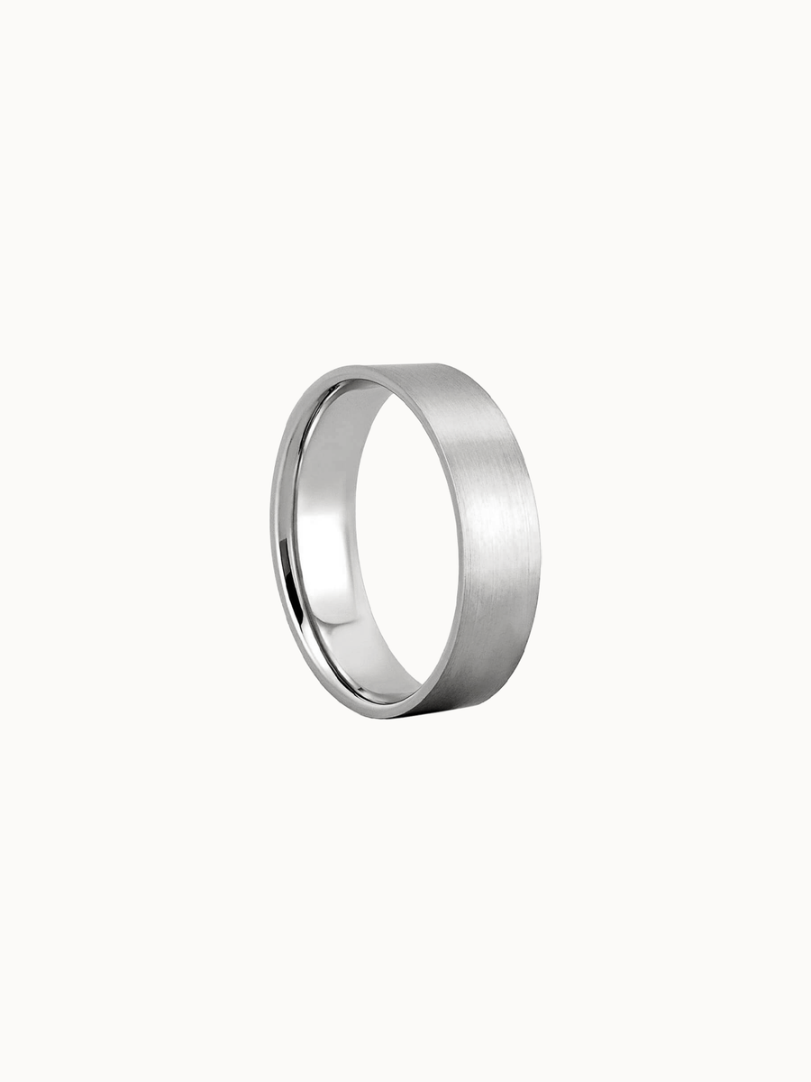 Flat Brushed Band wedding ring in 18K white gold, shown in profile