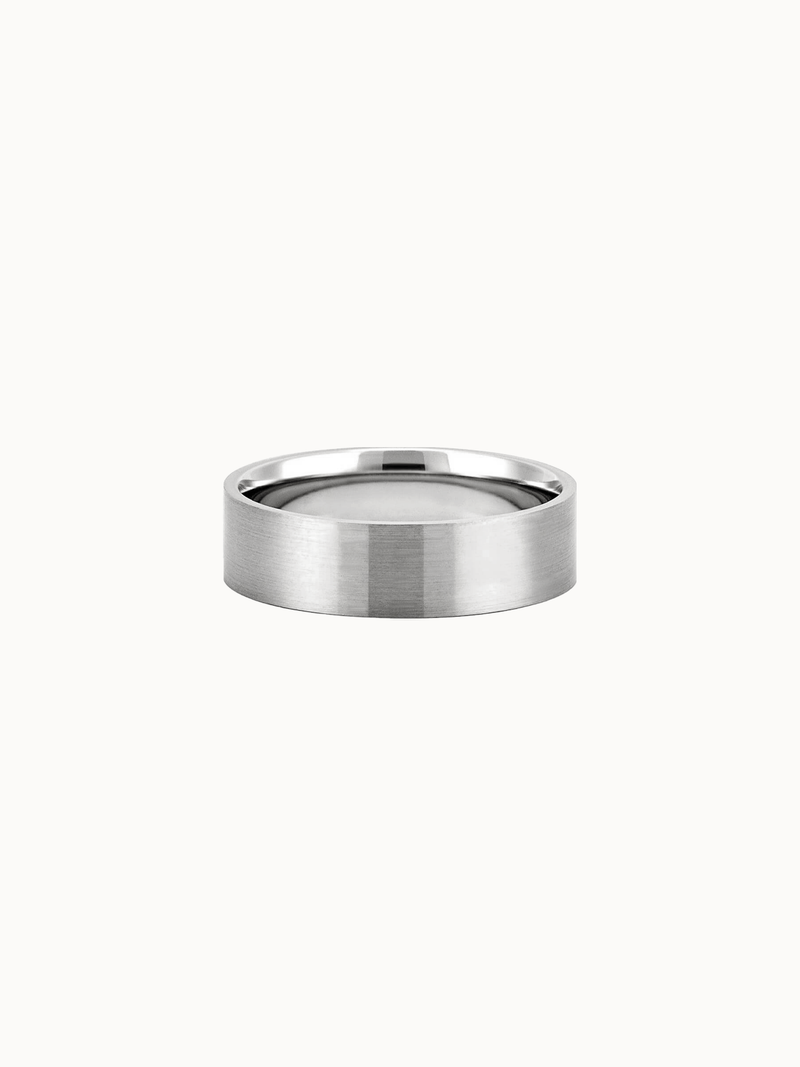 Flat Brushed Band wedding ring in 18K white gold, flat profile with a brushed finish