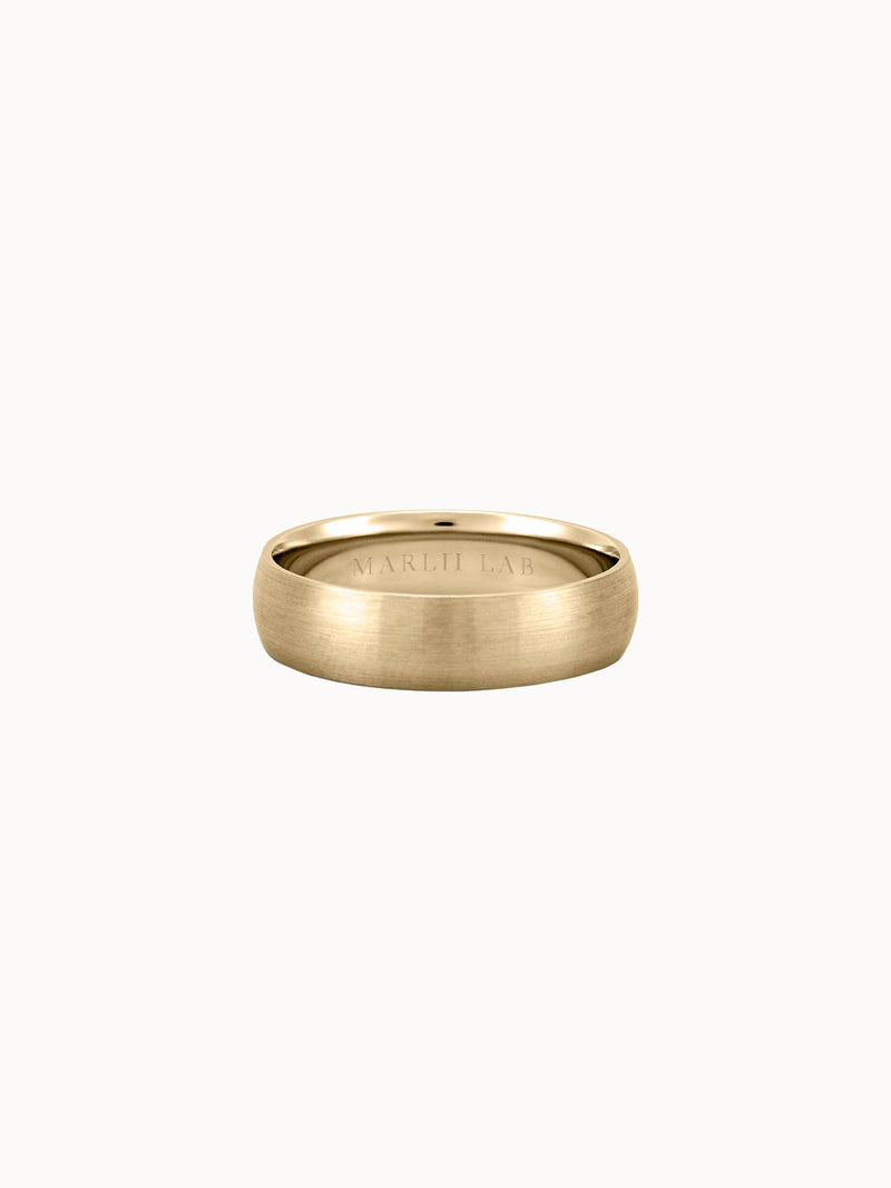 Soft Brushed Band wedding ring in 18K yellow gold, softly domed with a brushed finish