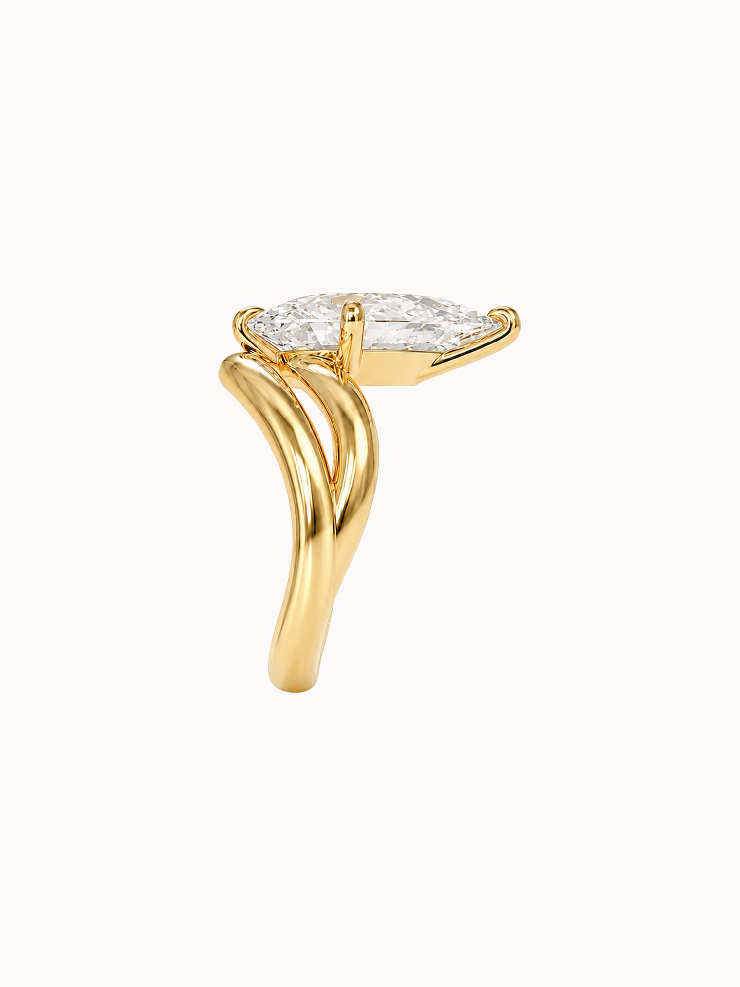 Offset Pear engagement ring by MARLII LAB — pear centre diamond, sculptural setting, 18K Yellow Gold, seen from the side