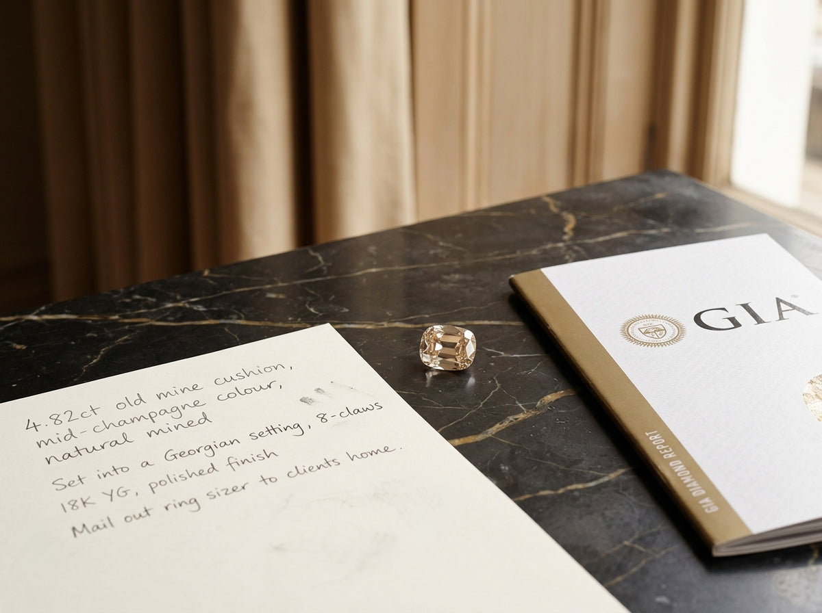 A diamond grading report and handwritten notes sent to a client after a MARLII LAB appointment