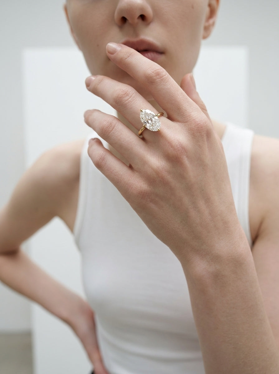 Compass Old Mine Oval engagement ring by MARLII LAB — old mine oval centre diamond, four-claw setting, 18K Yellow Gold, second view