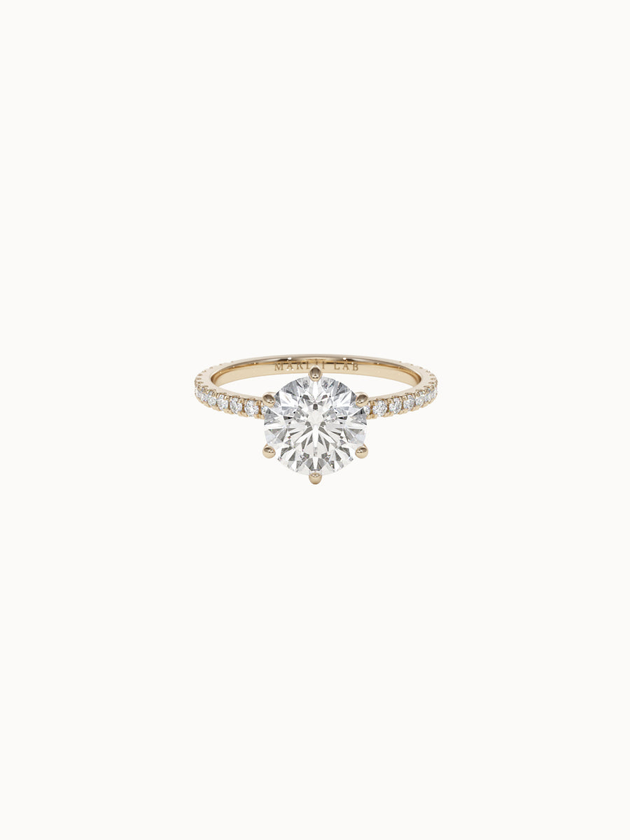 Solitaire-Diamond-Round-Cut-Engagement-Ring-with-Pave-Band-6-Claw-Yellow-Gold-MARLII-LAB