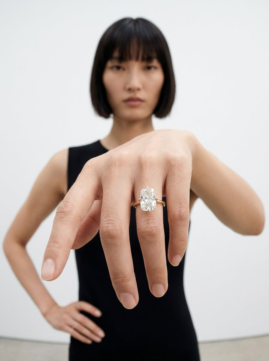 Cutaway Elongated Cushion engagement ring by MARLII LAB — elongated cushion centre diamond, four-claw setting, 18K Yellow Gold, second view