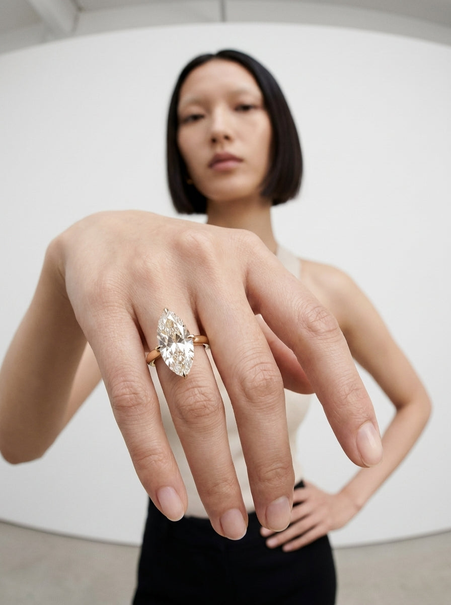 Compass Old Mine Moval engagement ring by MARLII LAB — moval centre diamond, four-claw setting, 18K Yellow Gold, second view